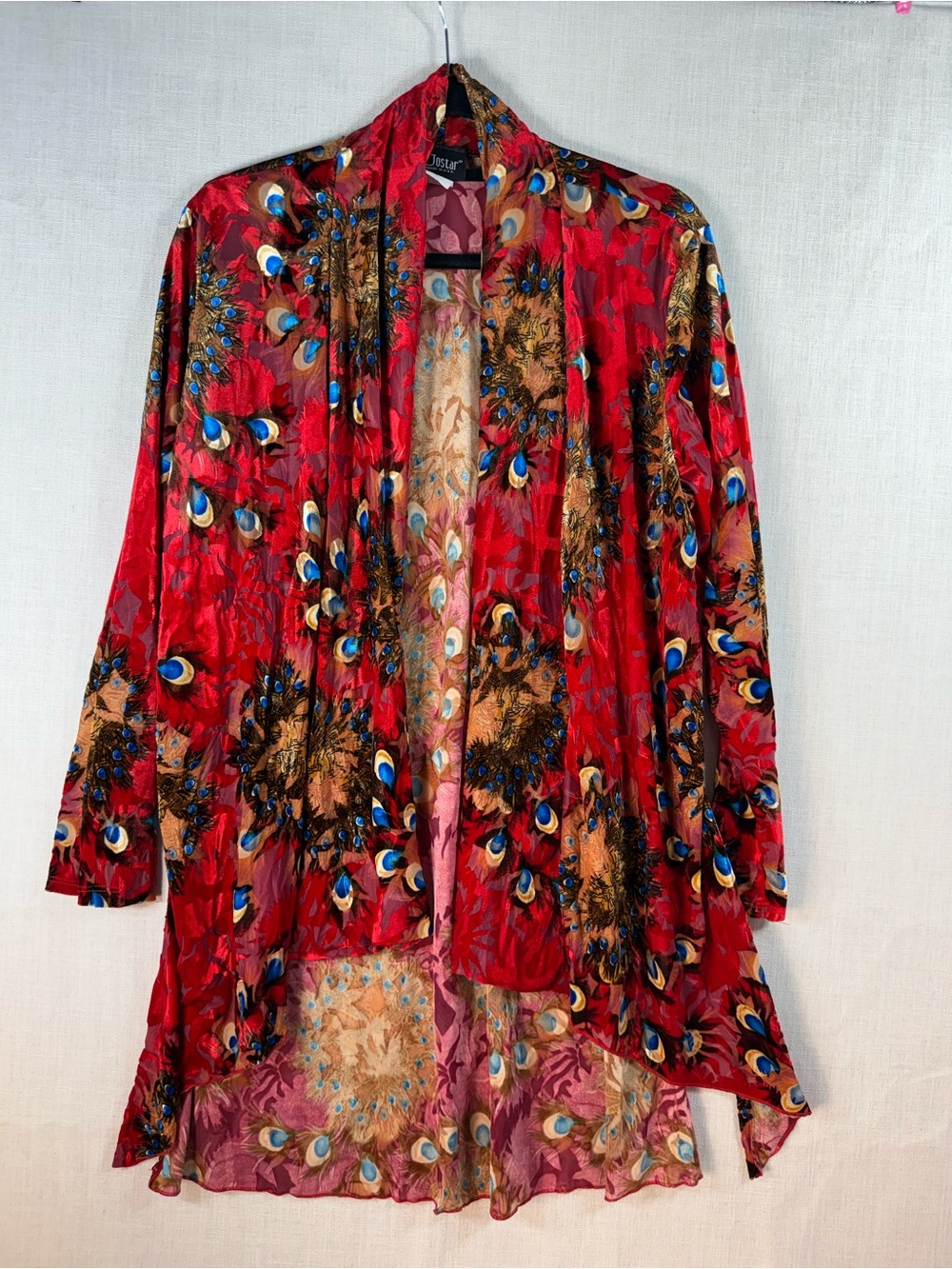 Red Peacock-Print Open Front Cardigan Sweater Bohemian cardigan
